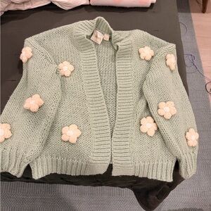 Green Knit Cardigan with Floral Accents Maeve one size